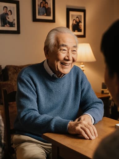 70대의 동양인 남성이 편안한 블루 색상의 니트 스웨터와 베이지색 바지를 입고, 아늑한 거실의 테이블에 앉아 있습니다. 그의 따뜻한 미소는 가족에 대한 사랑을 보여주며, 손으로 테이블을 가볍게 두드리며 이야기를 나누고 있습니다. 배경에는 가족 사진과 따뜻한 조명이 있어 축하의 분위기를 자아냅니다.