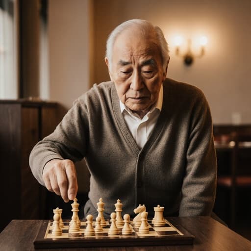 조용한 카페에서 체스판을 바라보며 피곤한 표정을 짓고 있는 80대 아시아계 남성의 반신 사진입니다. 편안한 카디건과 바지를 입고 있으며, 체스말 위에 손을 조심스럽게 올리고 있습니다. 카페의 따뜻한 분위기 속에서 체스 게임에 집중하고 있는 모습이 담겨 있습니다.