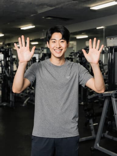 건강한 외모의 아시아계 남성 모델이 최신 스포츠 의류를 착용하고 친근한 미소로 양손을 들어 인사하는 모습의 반신 사진, 현대적인 운동 기구로 가득 찬 피트니스 공간 배경.