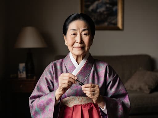 70대 한국인 여성의 반신 촬영, 자연스러운 외모를 지닌 지혜로운 표정을 짓고 있으며 전통 한복을 입고 있습니다. 그녀는 바느질 도구를 들고 부드러운 미소로 인사하는 자세를 취하고 있으며, 아늑한 거실 배경에는 소파와 바느질용 테이블이 있어 편안한 분위기를 자아냅니다. 그녀의 우아한 자세와 전통 공예의 본질이 잘 어우러집니다.