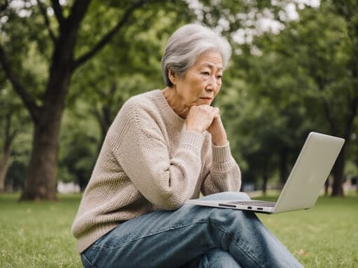 60대 아시아계 여성의 반신 사진. 그녀는 공원에서 편안하게 앉아 있으며, 아늑한 니트 스웨터와 청바지를 입고 있다. 지루한 표정을 지으며 노트북을 바라보며 깊은 생각에 잠긴 모습이다. 그녀는 다리를 앞에 뻗고 앉아 여유로운 자세를 취하고 있다. 배경은 푸르른 나무와 잔디로 구성되어 있어 그녀의 사색적인 분위기를 잘 드러내고 있다.