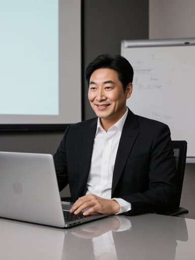 40대 동양인 남성이 현대적인 회의실의 테이블에 앉아 노트북을 바라보며 자신감 있는 미소를 짓고 있는 반신 상반신 이미지.