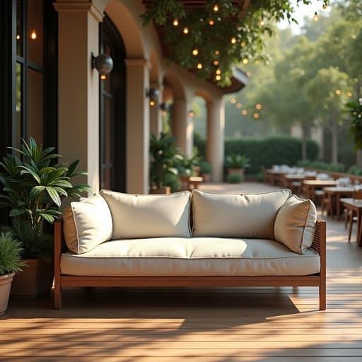 소파, 고급 레스토랑 테라스, 아늑하고 매력적인 분위기