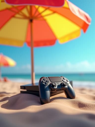 게임 콘솔, 디지털 기기, 다채로운 해변 우산 아래, 편안하고 여름 같은