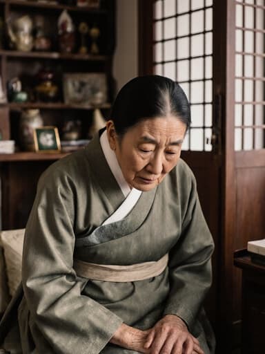 이 이미지는 전통 한복을 입은 70세 아시아계 여성이 전통 소품들로 가득한 아늑한 거실에 서 있는 모습을 보여줍니다. 피곤한 표정과 깊은 시선은 삶의 경험을 전달하며, 부드러운 자세는 장면에 우아함을 더합니다.