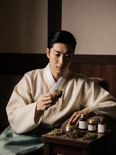 10대 후반의 아시아계 남성이 전통 한복 스타일의 의상을 입고 아늑한 침실의 소파에 앉아 있습니다. 그는 한약재를 손에 들고 편안하고 자유로운 표정으로 관찰하고 있습니다. 배경에는 다양한 한약재와 전통 소품이 놓인 작은 테이블이 있어 따뜻하고 초대하는 분위기를 자아냅니다.
