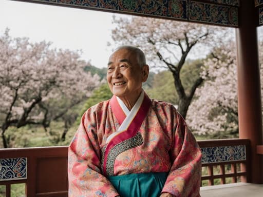 70대 아시아계 남성이 자연스러운 외모로 전통적인 한복을 입고, 나무와 꽃들이 어우러진 평화로운 공원 속 정자에 앉아 있습니다. 그는 따뜻한 미소를 지으며 고마움을 표현하고, 주변을 바라보며 이야기를 나누는 모습입니다.
