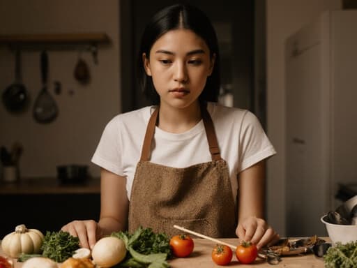 주방 앞치마를 착용한 혼혈 10대 소녀가 아늑한 주방에서 재료를 살펴보며 요리법을 고민하고 있습니다. 따뜻하고 매력적인 분위기가 그녀의 요리에 대한 몰입을 강조합니다.