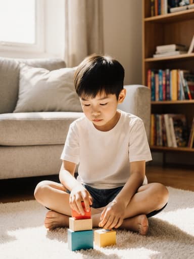 7세 아시아계 남성이 편안한 티셔츠와 반바지를 입고 아늑한 거실 바닥에 앉아 있습니다. 그는 블록을 쌓으려 하지만 지루한 표정으로 다른 곳을 바라보며 손을 멈춘 자세를 하고 있습니다. 햇살이 방 안을 따뜻하게 비추어 주며 소파와 책장이 배치된 아늑한 분위기가 연출됩니다.