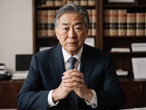 60대 동양인 남성이 정장 차림에 넥타이를 매고, 깔끔한 헤어스타일을 하고 긴장한 표정으로 법정 변론을 준비하는 상담실에서 손을 모아 인사하는 자세를 취한 반신 사진. 배경은 법률 서적과 문서가 있는 진지한 분위기의 법률 상담실입니다.