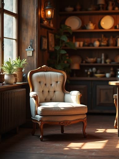 정교한 목재 조각과 부드러운 직물 장식이 있는 빈티지 인테리어 의자가 따뜻하고 매력적인 빈티지 앤티크 숍의 러스틱한 나무 선반과 다양한 장식과 함께 있습니다.