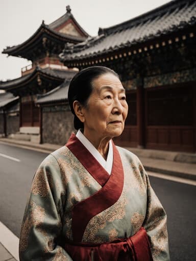 70대 동양인 여성이 전통 한복을 입고 고풍스러운 거리에서 고전 건축물을 바라보며 지루한 표정을 지으며 잠시 멈춰 서 있는 전체 사진입니다. 그녀의 한복의 우아한 패턴이 뒤에 있는 전통 건축물의 정교한 디테일과 아름답게 대조되어, 문화적으로 풍부한 환경에서의 반성의 순간을 포착하고 있습니다.
