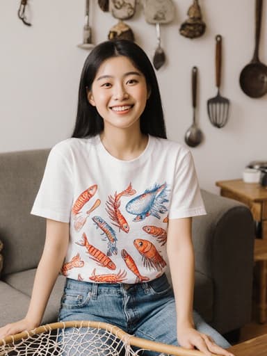 10대 초반의 동양인 여성이 반신 촬영으로 담겨 있으며, 수산물 무늬의 티셔츠와 청바지를 입고 따뜻하게 미소 짓고 있습니다. 그녀는 어업 도구에 손을 얹고 앉아 있으며, 아늑한 거실 배경에는 주방기구와 어업 관련 소품이 있어 친근하고 초대하는 분위기를 만들어냅니다.