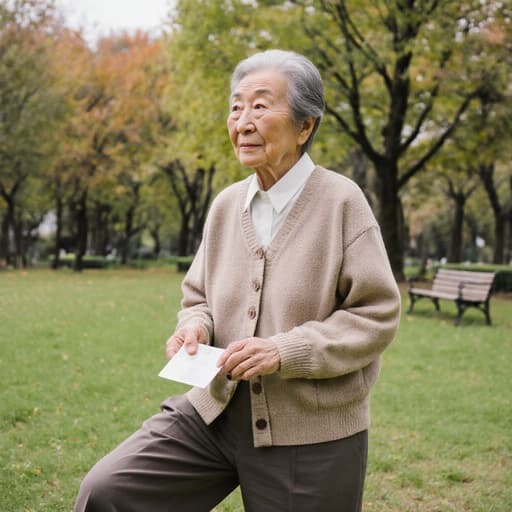80대 한국인 여성의 반신 사진으로, 편안한 카디건과 슬랙스를 착용하고 있으며, 지루한 표정을 지으며 먼 곳을 바라보는 모습입니다. 한 손에는 카드를 쥐고, 한쪽 발은 바닥에 살짝 디디고 있습니다. 배경은 나무와 벤치가 있는 푸르른 공원으로, 자연스러운 조명으로 조화로운 분위기를 연출하고 있습니다.