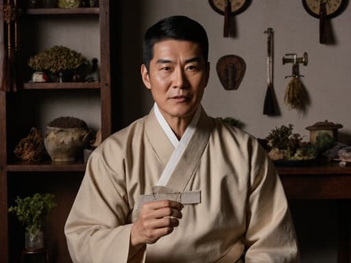 40대 혼혈 남성이 편안한 전통 한복을 입고 있는 반신 촬영입니다. 그는 열정적인 표정을 지으며 아늑한 한방 치료실에 앉아 뜸 치료 도구를 손에 들고 치료를 설명하는 듯한 자세를 취하고 있습니다. 배경에는 다양한 한약재들이 놓여 있어 아늑한 분위기를 자아냅니다.