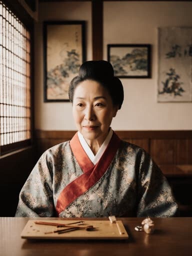 80대 혼혈 여성이 전통 한복을 입고 테이블에 앉아 전통 놀이 도구를 바라보며 평온하고 즐거운 표정을 짓고 있는 반신 촬영 모습입니다. 전통 예술 작품으로 장식된 따뜻한 분위기의 전통 카페가 이 장면의 문화적이고 고요한 본질을 더욱 강조합니다.