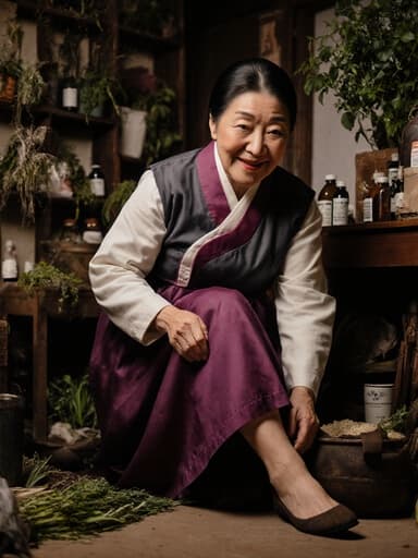 60대 라틴계 여성이 전통 한복을 입고 활기차고 친근한 표정을 지으며 신발을 착용하는 모습이 담긴 반신 사진. 따뜻한 분위기의 한약 조제실 배경에는 약재와 전통적인 도구들이 배치되어 있습니다.