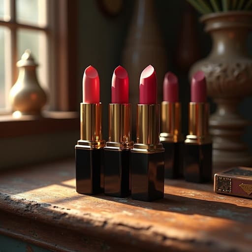 립스틱, 화장품, 오래된 나무 조리개와 앤티크 장식, 빈티지 앤티크 숍 분위기