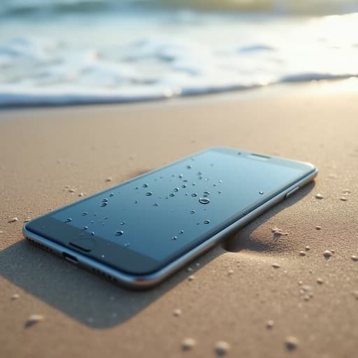 스마트폰, 해변의 모래와 몰아치는 파도, 고요하고 역동적인 분위기.