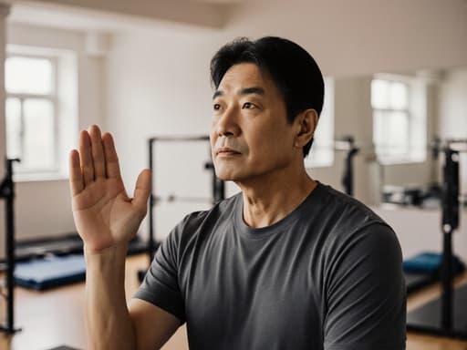 40대 아시아계 남성이 편안한 운동복을 입고 진지한 표정으로 한쪽 손을 가볍게 들어 인사하는 모습. 아늑한 필라테스 스튜디오 내부에 운동 매트와 기구들이 배치되어 있습니다.
