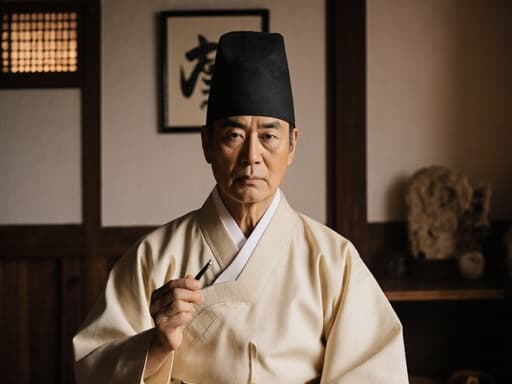 60대 동양인 남성이 전통 한복을 입고 아늑한 한옥 치료실에서 나무 의자에 앉아 침 치료 도구를 손에 들고 진지한 표정을 짓고 있습니다. 따뜻한 분위기가 전문적인 느낌을 더합니다.
