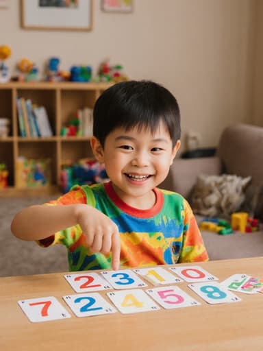 귀여운 미소를 지닌 3살 아시아계 남아의 반신 촬영으로, 밝은 색상의 티셔츠와 반바지를 입고 테이블 위의 숫자 카드를 가리키며 앉아 있는 모습입니다. 장난감과 책들이 놓인 아늑한 거실에서 따뜻하고 즐거운 분위기를 발산하고 있습니다.