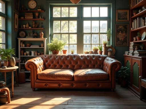 소파, 가구, 빈티지 앤티크 숍, 나무 선반, 다양한 장식, 따뜻하고 초대하는