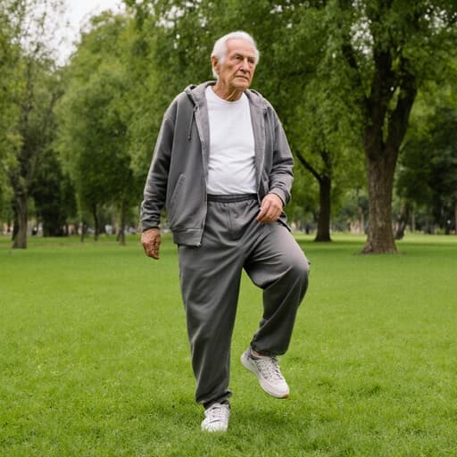 편안한 스포츠 의상을 입은 80대 유럽계 남성 모델의 반신 사진이 평화로운 공원에서 촬영되었습니다. 그는 푸른 잔디와 나무들 사이에서 무관심한 표정으로 주변을 바라보며 한 쪽 발을 살짝 들어 여유롭고 캐주얼한 느낌을 주고 있습니다.