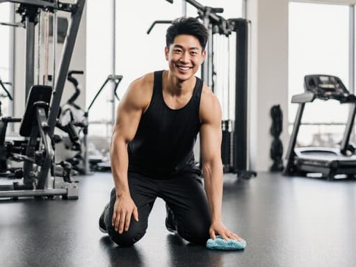 30대 아시아계 남성이 트렌디한 운동복을 입고 쪼그려 앉아 체육관 바닥을 청소하며 자신감 넘치는 미소를 짓고 있는 반신 사진. 현대적인 운동 센터 배경에는 운동 기구가 배치되어 있어 활기찬 분위기를 강조합니다.