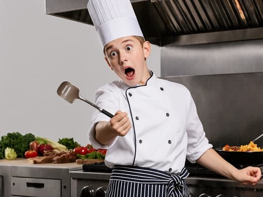 10대 초반의 백인 남성 요리사가 흰색 요리사 모자와 앞치마를 착용한 채, 신나는 표정으로 바쁜 주방에서 춤추는 모습. 배경에는 신선한 재료와 그릴이 있는 주방이 가득하다.