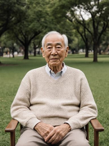 평화로운 공원에 편안하게 앉아 있는 80세 아시아계 남성의 반신 초상으로, 아늑한 니트 스웨터와 바지를 입고 있으며, 무관심한 표정으로 무릎 위에 두 손을 올려놓고 있습니다.