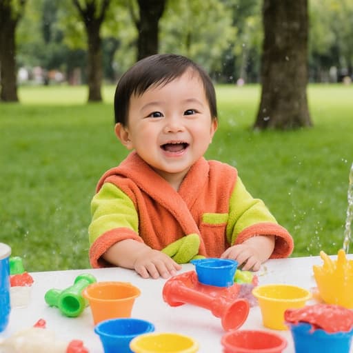 밝은 색상의 목욕 가운을 입은 귀여운 1세 남자 아기, 테이블에 앉아 장난감 물놀이 용품을 가지고 놀고 있는 모습. 배경에는 푸른 잔디와 나무들이 있는 아름다운 공원이 있다.