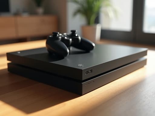 밝은 실내 환경에서 게임 콘솔과 함께 생동감 넘치고 초대하는 분위기.