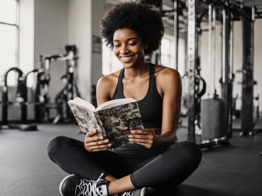 자연스러운 외모를 가진 10대 후반의 흑인 여성이 편안한 운동복과 운동화를 착용하고 있는 반신 사진입니다. 그녀는 운동 관련 책을 읽으며 긍정적인 미소를 짓고 있어 피트니스에 대한 열정과 참여를 보여줍니다. 배경은 덤벨, 요가 매트, 운동 기구 등 다양한 스포츠 장비가 배치된 잘 정리된 운동실로, 그녀의 피트니스 목표를 보완하는 활기차고 동기 부여가 되는 환경을 만들어냅니다.