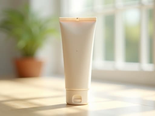 부드러운 매트 마감의 핸드크림 튜브 클로즈업, 표면에 작은 결함, 밝은 나무 테이블 위에 놓임, 창을 통해 들어오는 밝은 실내 햇빛, 부드러운 그림자, 섬세한 반사, 고해상도, 사실적 사진, 4K, 자연광.