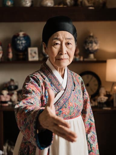 70대 한국인 여성이 화려한 자수가 들어간 전통 한복을 입고, 걱정스러운 표정을 지으며 손을 앞으로 내밀어 인사하는 모습의 반신 사진입니다. 아늑한 거실 배경에는 전통 공예품과 따뜻한 조명이 어우러져 초대하는 분위기를 자아냅니다.