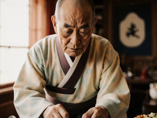 전통 한복을 입은 80대 혼혈 남성이 따뜻한 느낌의 거실에서 전통 음식을 만들기 위해 재료를 준비하고 있는 반신 상반신 샷, 햇살과 전통 장식이 어우러져 그리움과 유산을 느끼게 합니다.