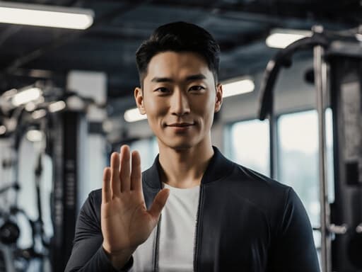 이 이미지는 30대의 세련된 아시아계 남성이 트렌디한 운동복과 트레이너 슈즈를 착용한 반신 촬영 장면을 담고 있습니다. 그는 밝고 현대적인 운동 시설에서 손을 흔들며 긍정적이고 자신감 넘치는 에너지를 발산하고 있습니다.