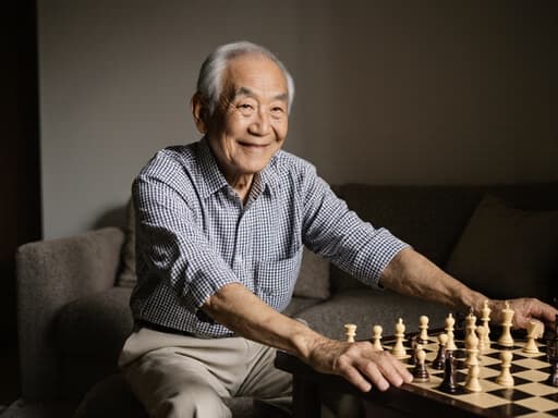 80대 동양인 남성이 체크무늬 셔츠와 면바지를 입고 체스판 옆에서 스트레칭을 하고 있는 평온한 반신 사진, 아늑한 거실에서 여가 시간을 즐기는 모습이 담겨 있습니다.