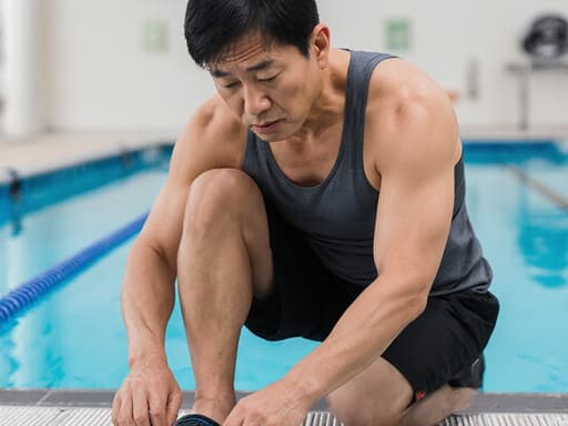 50대의 건강한 아시아 남성이 운동복과 수영용 슬리퍼를 착용하고 수영장 옆에서 피곤한 표정으로 휴식을 취하는 모습의 반신 사진입니다. 그의 표정은 훈련 후 휴식으로 전환하고 있는 것을 나타내며, 평화로운 수영장 환경 속에서 슬리퍼를 신는 데 집중하고 있습니다.
