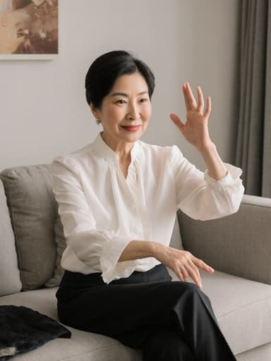 60대 동양인 여성의 반신 샷으로, 자연스러운 아름다움과 자신감을 발산하고 있습니다. 그녀는 세련된 블라우스와 맞춤 슬랙스를 착용하여 세련되고 스타일리시한 모습을 보여줍니다. 여자는 현대적인 의자에 우아하게 앉아 손을 가볍게 흔들며 기쁨과 우아함을 표현하는 춤의 동작을 시연하고 있습니다. 배경은 편안하고 고급스러운 분위기를 자아내는 현대적인 거실 디자인으로, 전체적인 매력을 더욱 높이고 있습니다.