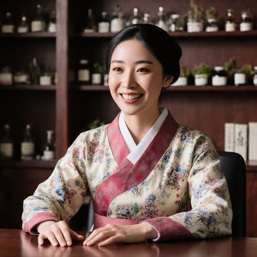 20대 혼혈 여성의 반신 샷으로, 전통 한복을 입고 상담 테이블에 앉아 밝게 웃으며 대화 중인 모습입니다. 한의 상담실의 배경에는 한약재와 한의서가 가득한 책장이 있어 따뜻하고 친근한 분위기를 자아냅니다.