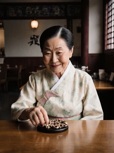 따뜻하고 초대하는 느낌의 80대 아시아계 여성의 반신 사진. 그녀는 전통 한복을 입고 만족스러운 표정을 지으며, 아늑한 카페에서 전통 공예 작품을 부드럽게 만지고 있다. 카페는 전통적인 장식과 현대적인 요소가 조화를 이루고 있다.