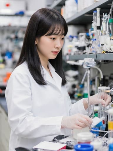 흰색 실험복을 입은 아시아계 여성 어린이가 과학 실험실에서 다양한 실험 도구로 가득한 배경 속에서 작업에 집중하고 있는 모습이 담긴 반신 촬영입니다. 차분한 표정과 신중한 장비 조작이 과학 탐구에 대한 헌신과 열정을 전달합니다.