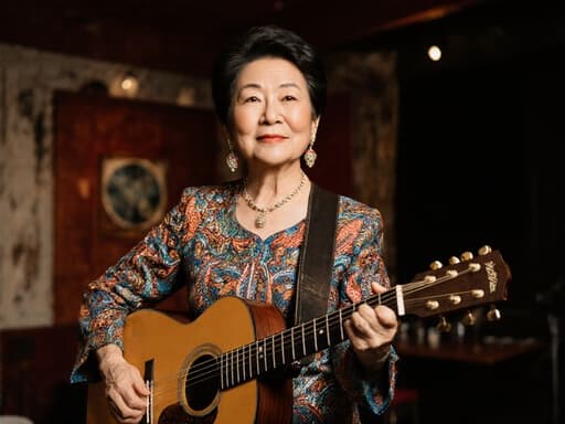 60대의 우아한 동양인 여성이 화려한 무대 의상과 아름다운 귀걸이, 목걸이를 착용하고 기타를 들고 열정적인 표정을 지으며 아늑한 카페 무대에서 공연을 기다리는 모습의 반신 사진.
