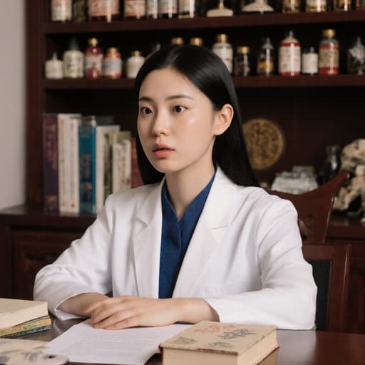10대 초반의 백인 여성 한 명이 전통 한의사 복장인 흰색 가운을 입고 반신 촬영된 모습입니다. 그녀는 놀란 표정을 지으며 책상에 앉아 한의학 관련 책을 집중해서 바라보고 있습니다. 배경에는 한의학 진료실이 있으며, 전통적인 한약재와 의료 도구들이 배치되어 있어 장면의 진정성을 더하고 있습니다.