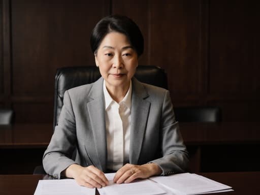 60대 동양인 여성의 반신 사진으로, 세련된 비즈니스 복장을 입고 법원 회의실의 테이블에 앉아 있으며, 차분하고 신뢰감 있는 표정으로 서류를 정리하는 모습입니다.