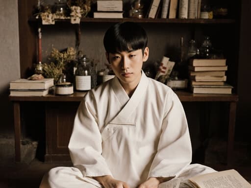 10대 초반의 백인 남성이 깔끔한 흰색 한복을 입고 전통 한의원에서 크로스 레그로 앉아 있습니다. 그는 자연스러운 외모를 가지고 있으며, 전통 한의학에 관한 서적을 진지하게 바라보면서 고민하는 표정을 짓고 있습니다. 배경에는 다양한 한약재와 전통적인 액세서리가 배치되어 있어 주제와의 자연스러운 연결을 보여줍니다.