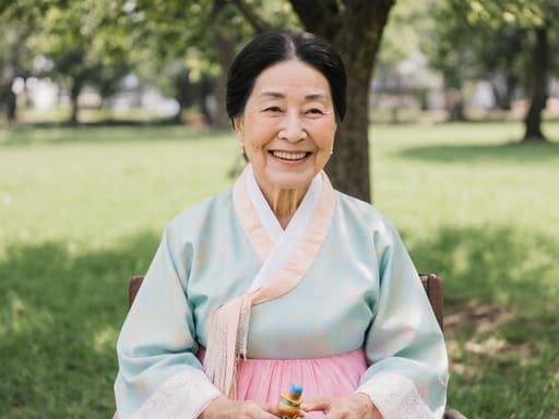 편안한 공원에서 의자에 앉아 전통 놀이 도구를 들고 따뜻하게 웃고 있는 70대의 백인 여성의 반신을 촬영한 이미지로, 전통 한복을 입고 나무 그늘 아래에서 행복한 감정을 표현하고 있습니다.