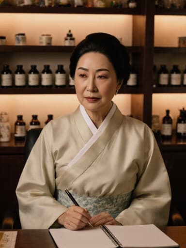 60대 동양인 여성, 부드러운 색상의 한복을 입고 아늑한 상담실에 편안하게 앉아 상담 노트를 바라보며 차분하면서도 자신감 있는 표정을 짓고 있습니다. 한약재가 진열된 선반과 따뜻한 조명이 있는 배경이 조화를 이루고 있습니다.